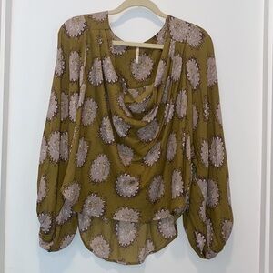 Free People Floral Drape Open Front Long Sleeve Boho Blouse Pleated Loose Fit XS